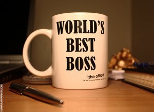 Coffee cup that says WORLD'S BEST BOSS