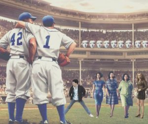 images of characters from movies superimposed on image of baseball field