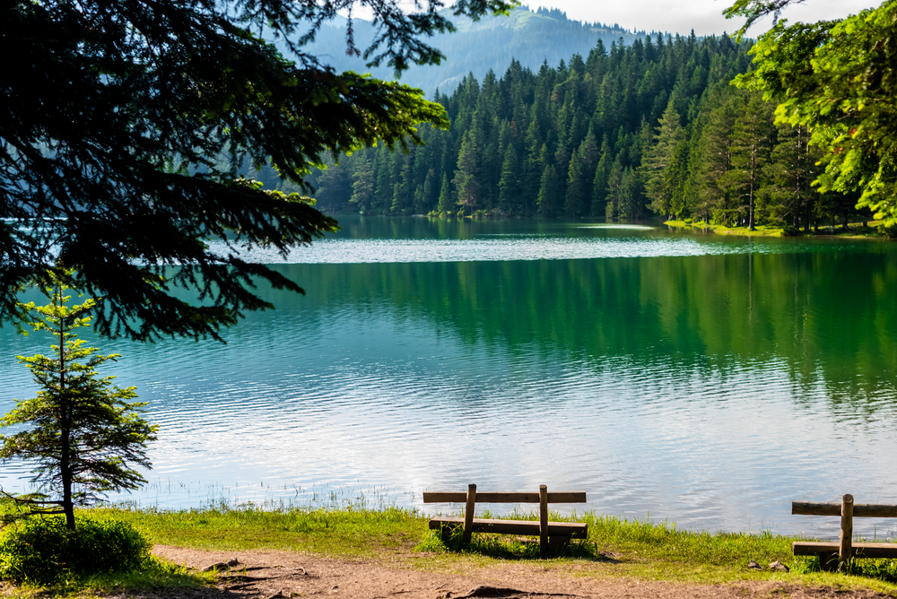 picture of a mountain lake with a park bench facing lake